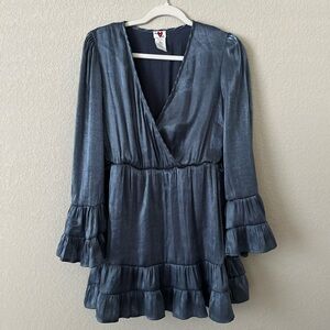 Heart & Heels Satin Blue Long Ruffle Sleeve Dress